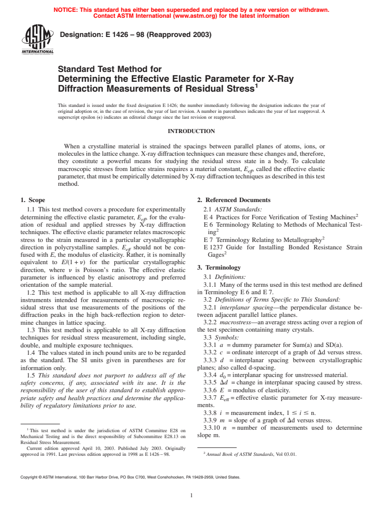 ASTM E1426-98(2003) - Standard Test Method for Determining the Effective Elastic Parameter for X-Ray Diffraction Measurements of Residual Stress