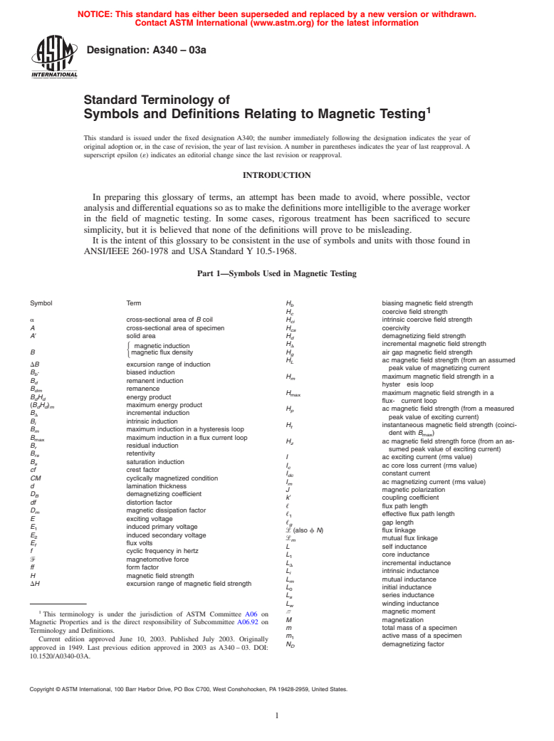 ASTM A340-03a - Standard Terminology of Symbols and Definitions Relating to Magnetic Testing