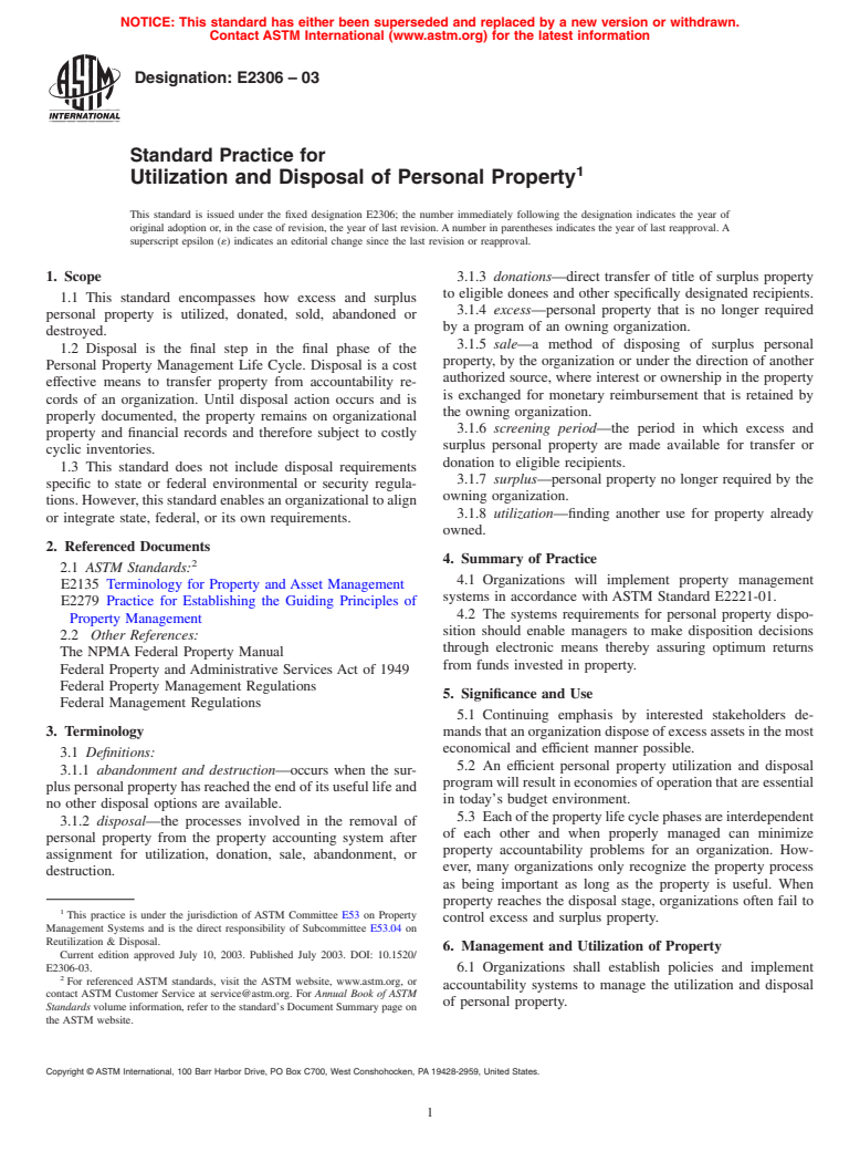 ASTM E2306-03 - Standard Practice for Utilization and Disposal of Personal Property