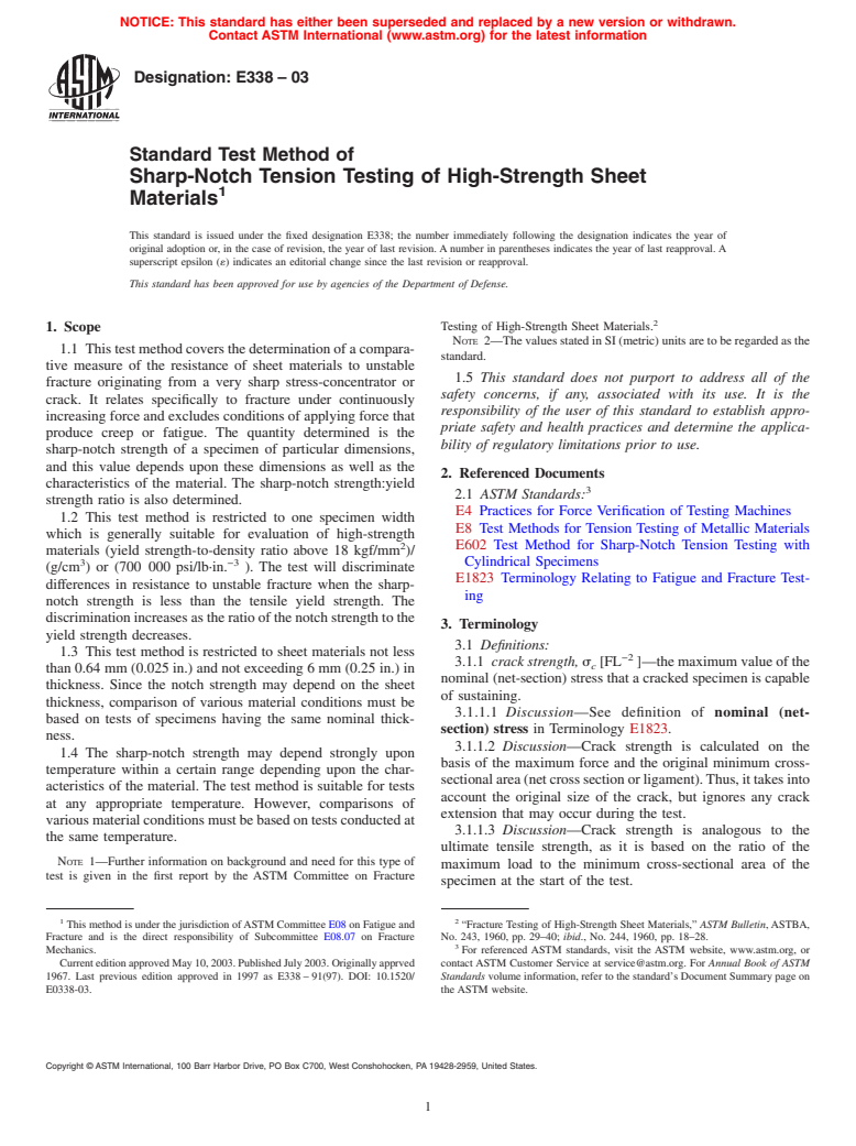 ASTM E338-03 - Standard Test Method of Sharp-Notch Tension Testing of High-Strength Sheet Materials (Withdrawn 2010)