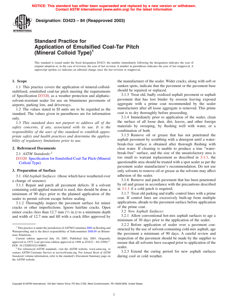 ASTM D3423-84(2003) - Standard Practice for Application of Emulsified Coal-Tar Pitch (Mineral Colloid Type)