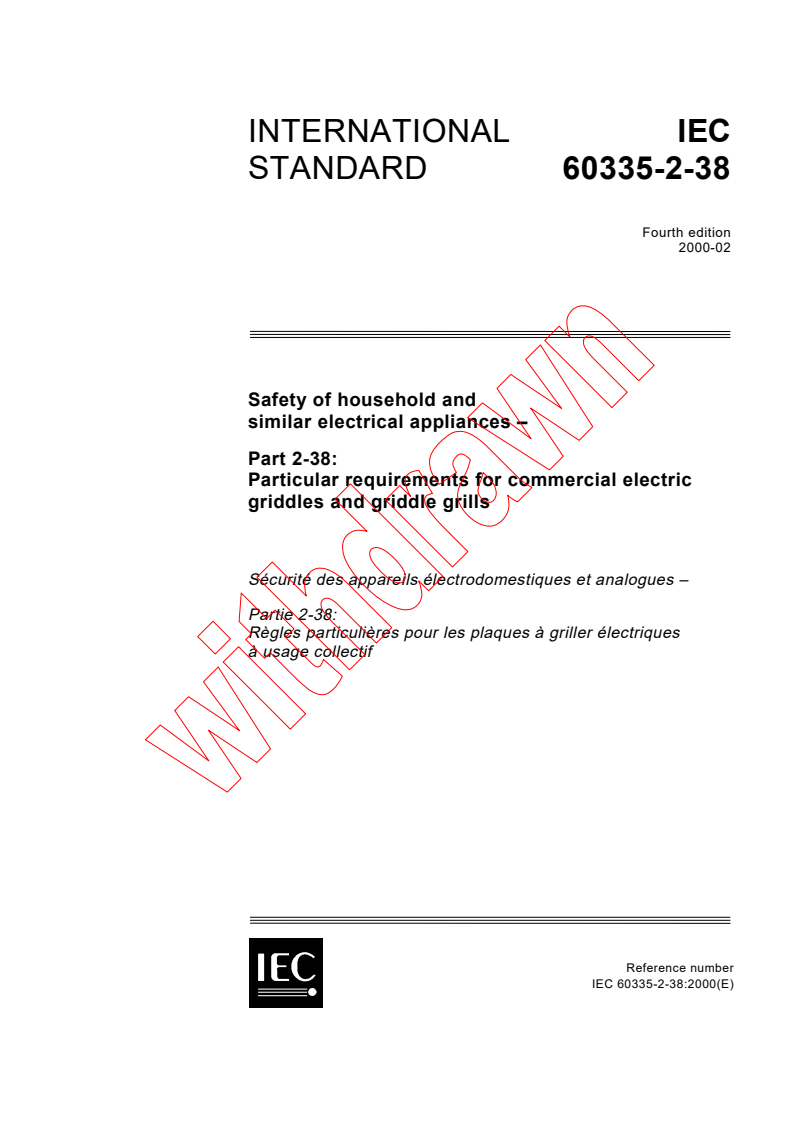 IEC 60335-2-38:2000 - Safety of household and similar electrical appliances - Part 2-38: Particular requirements for commercial electric griddles and griddle grills
Released:2/29/2000
Isbn:283185167X