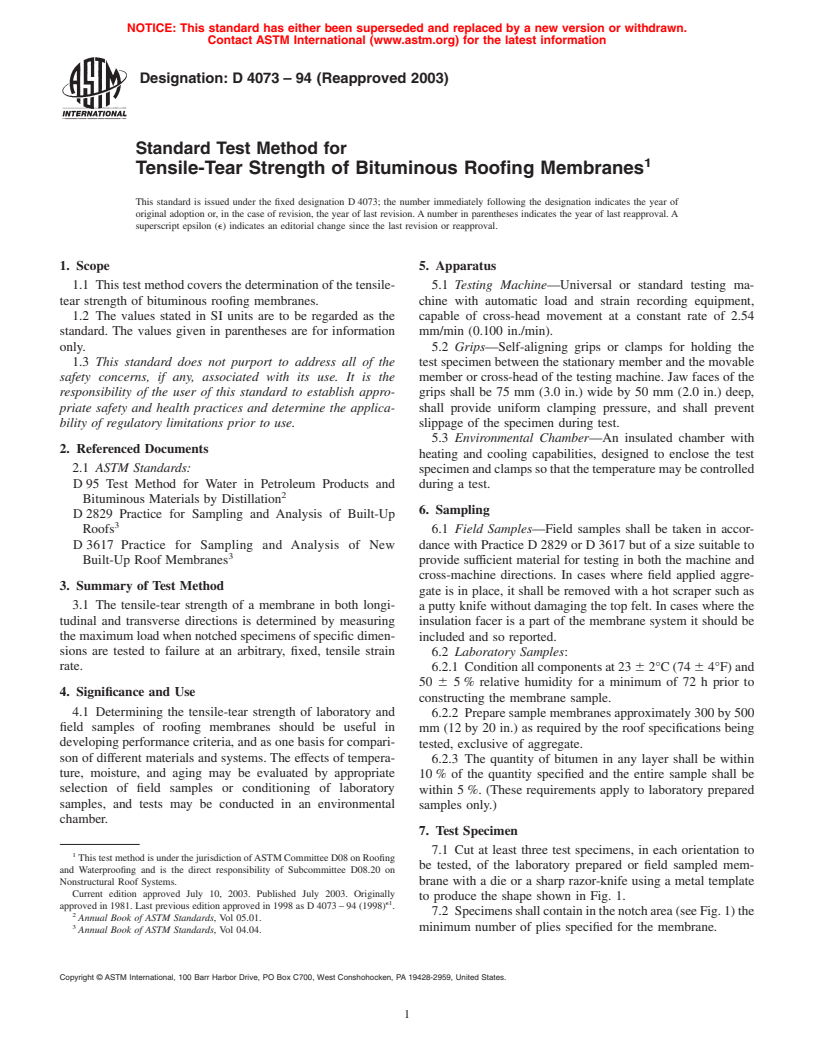ASTM D4073-94(2003) - Standard Test Method for Tensile-Tear Strength of Bituminuous Roofing Membranes