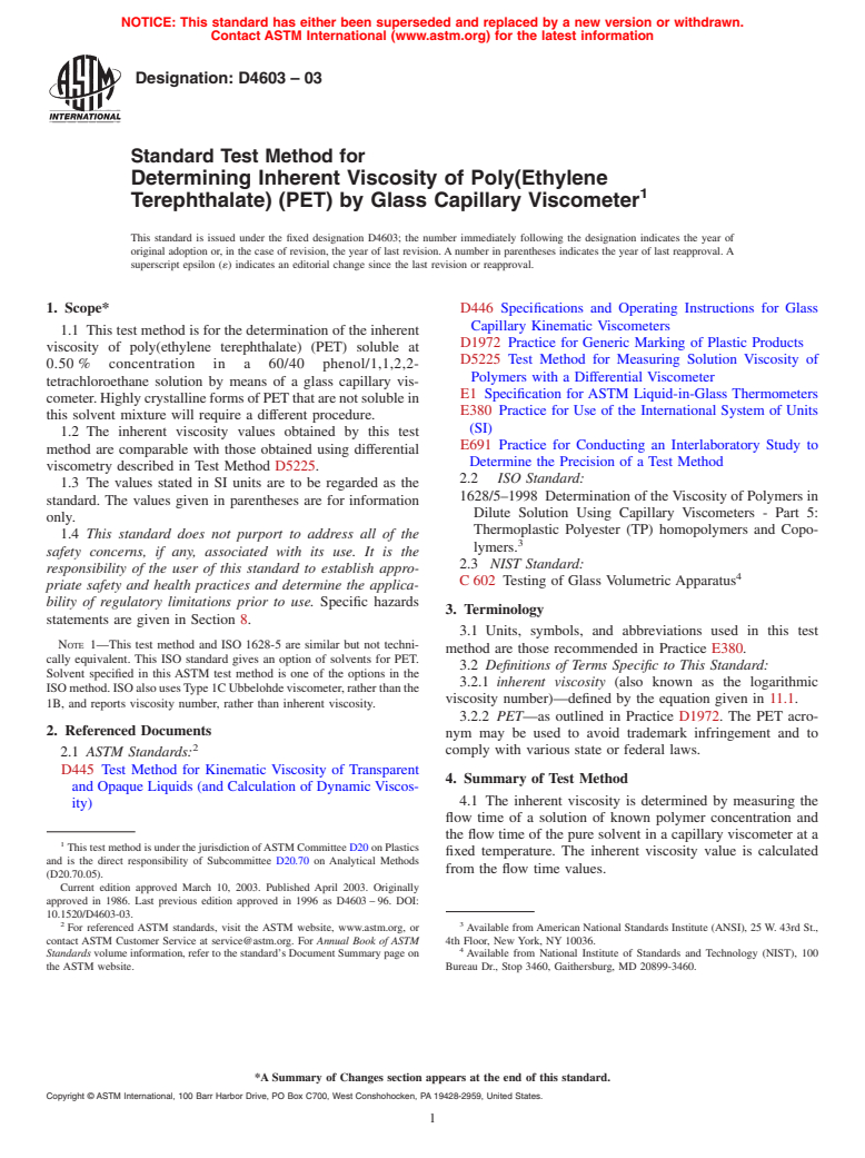 ASTM D4603-03 - Standard Test Method for Determining Inherent Viscosity of Poly(Ethylene Terephthalate) (PET) by Glass Capillary Viscometer