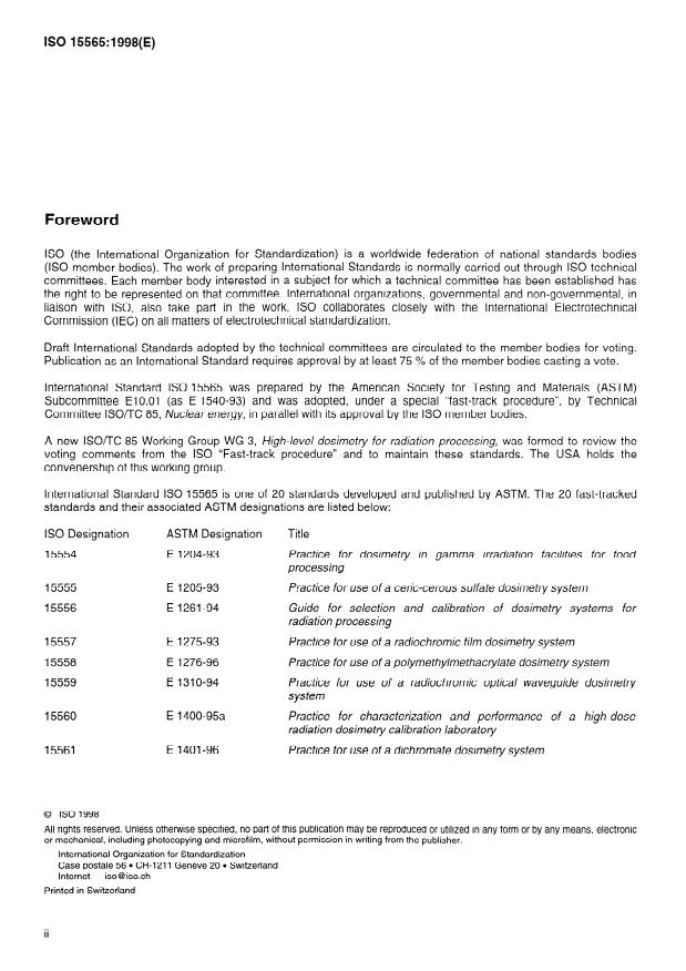ISO 15565:1998 ISO 15565:1998 - Practice for use of a radiochromic liquid dosimetry system - Page 2 preview