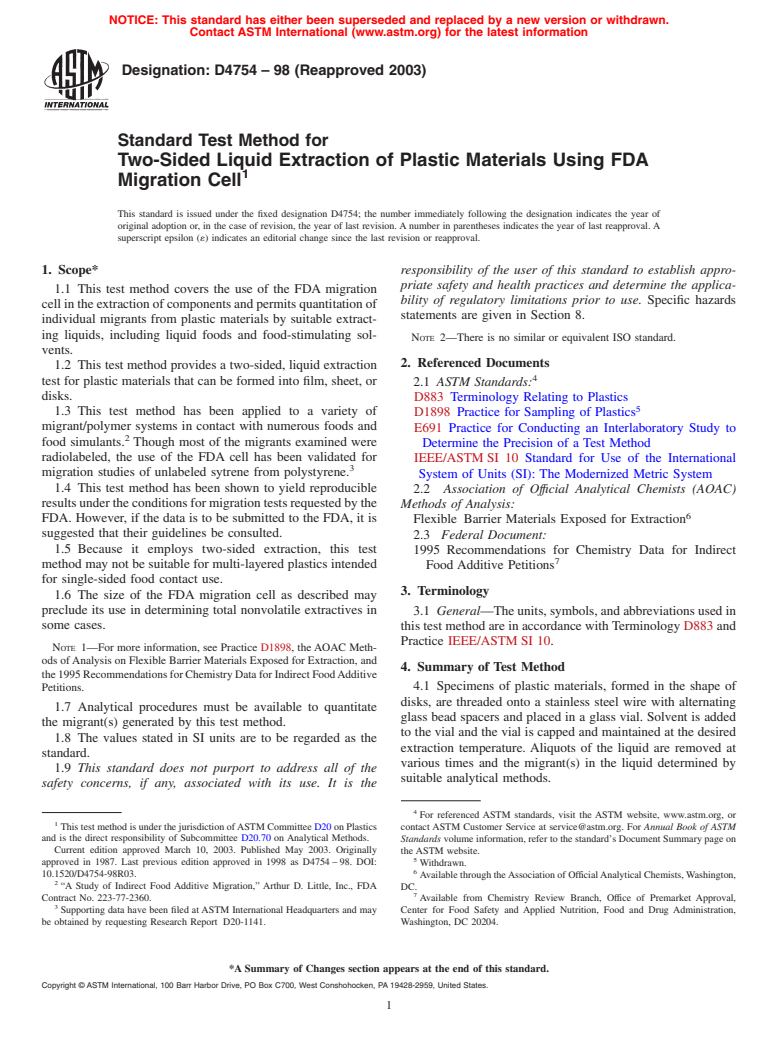 ASTM D4754-98(2003) - Standard Test Method for Two-Sided Liquid Extraction of Plastic Materials Using FDA Migration Cell