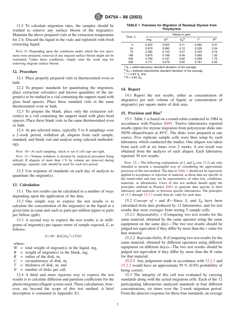 ASTM D4754-98(2003) - Standard Test Method for Two-Sided Liquid Extraction of Plastic Materials Using FDA Migration Cell