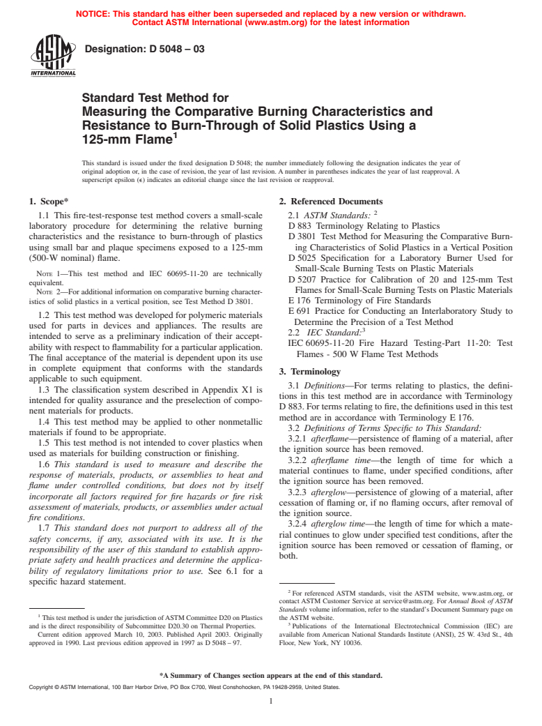 ASTM D5048-03 - Standard Test Method for Measuring the Comparative Burning Characteristics and Resistance to Burn-Through of Solid Plastics Using 125-mm Flame