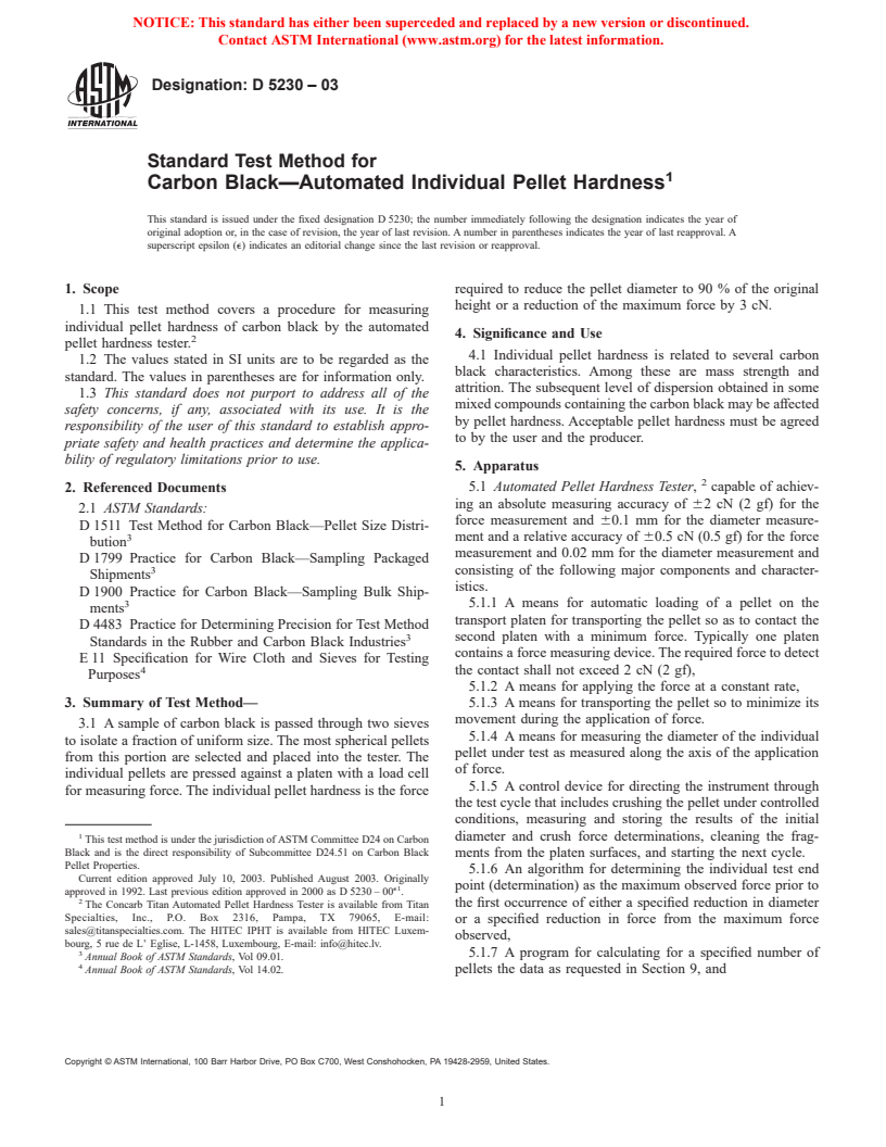 ASTM D5230-03 - Standard Test Method for Carbon Black&#8212;Automated Individual Pellet Hardness