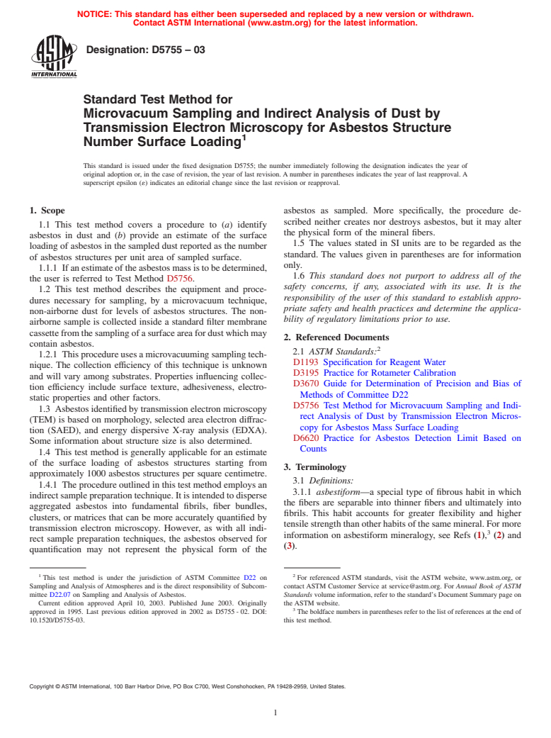 ASTM D5755-03 - Standard Test Method for Microvacuum Sampling and Indirect Analysis of Dust by Transmission Electron Microscopy for Asbestos Structure Number Surface Loading