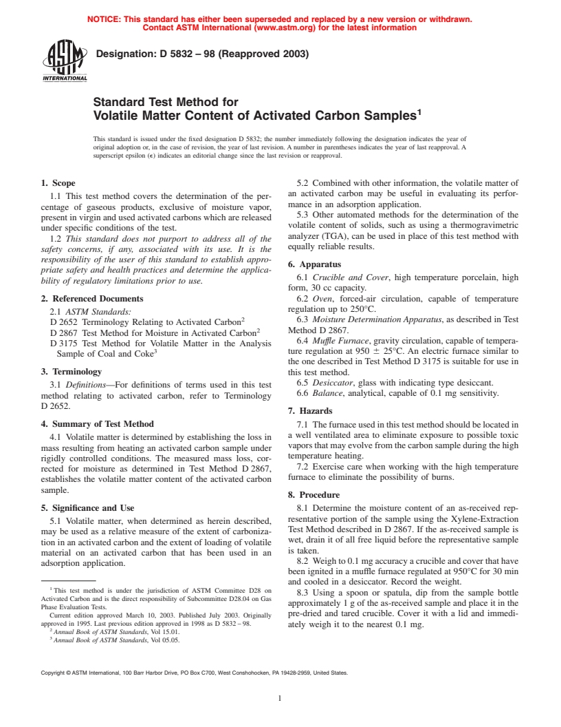 ASTM D5832-98(2003) - Standard Test Method for Volatile Matter Content of Activated Carbon Samples