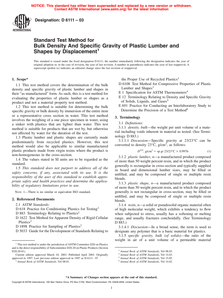 ASTM D6111-03 - Standard Test Method for Bulk Density and Specific Gravity of Plastic Lumber and Shapes by Displacement