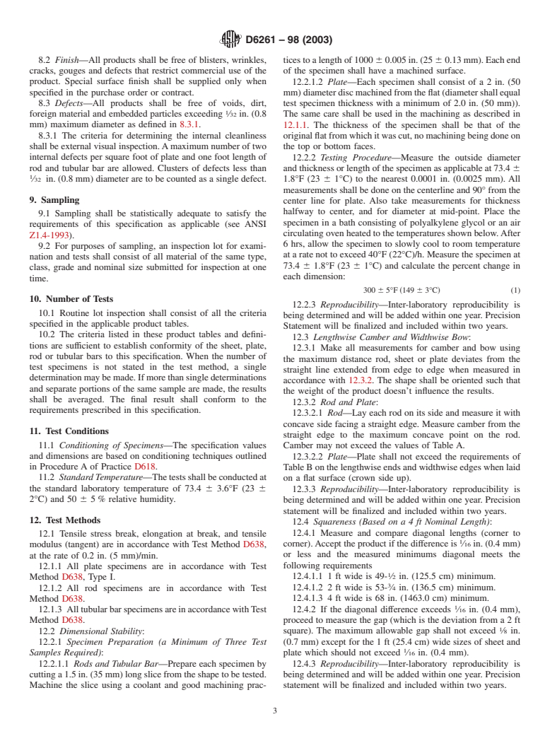 ASTM D6261-98(2003) - Standard Specification for Extruded and Compression Molded Basic Shapes Made from Thermoplastic Polyester (TPES)