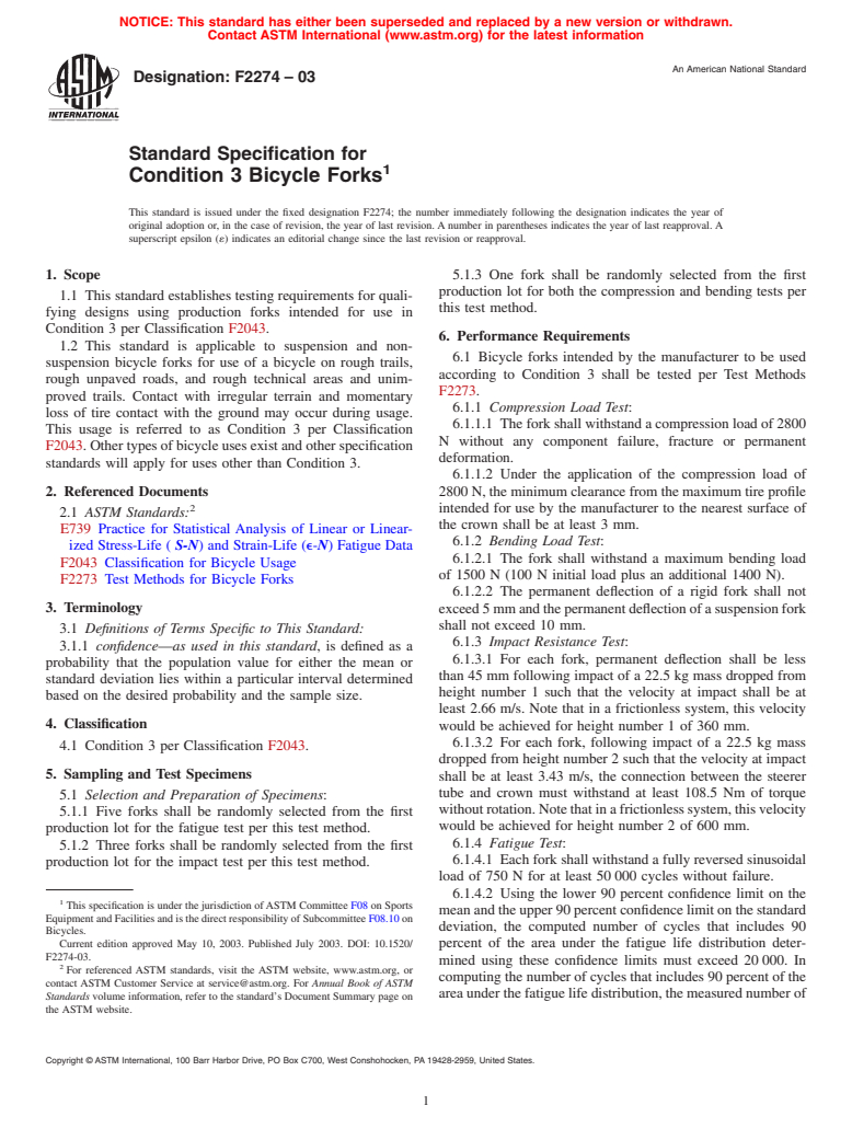 ASTM F2274-03 - Standard Specification for Condition 3 Bicycle Forks