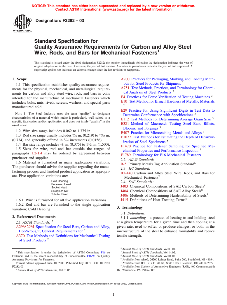 ASTM F2282-03 - Standard Specification for Quality Assurance Requirements for Carbon and Alloy Steel Wire, Rods, and Bars for Mechanical Fasteners