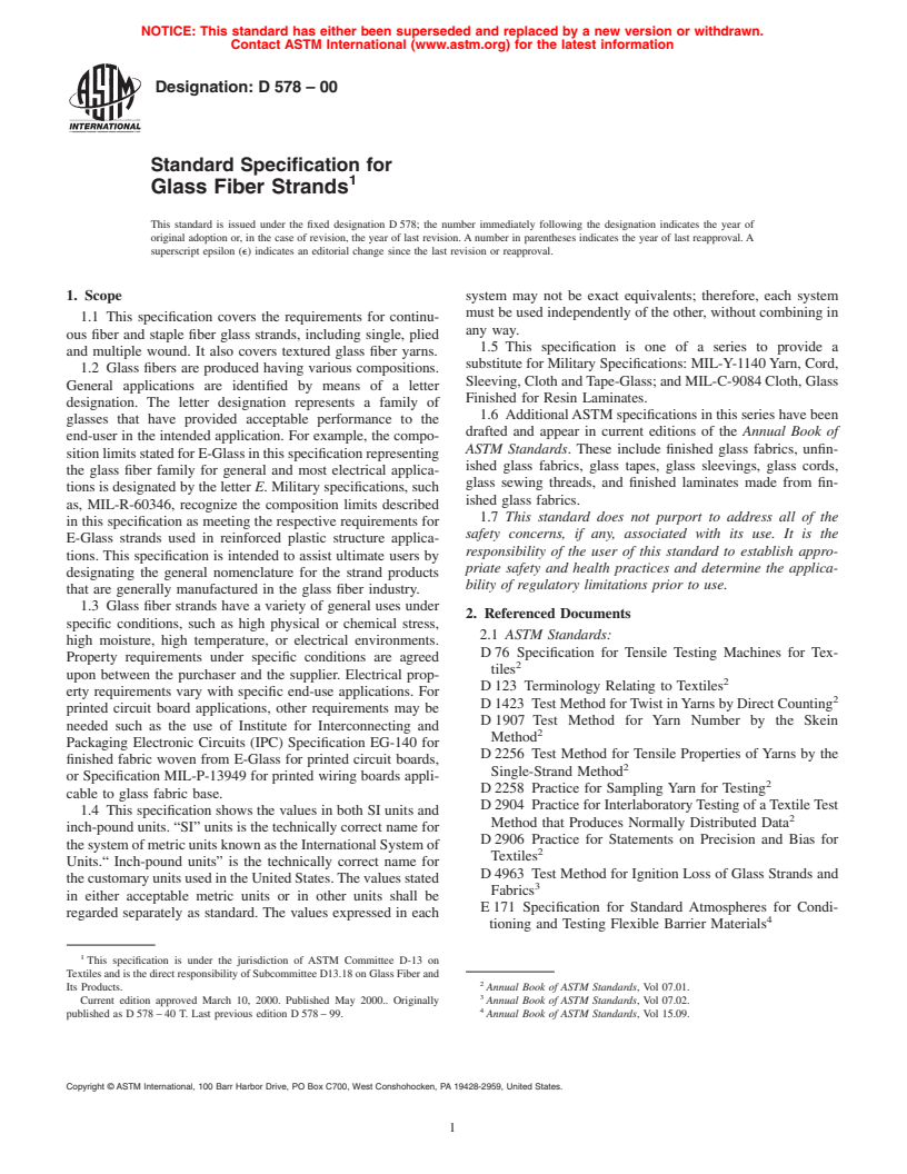 ASTM D578-00 - Standard Specification for Glass Fiber Strands