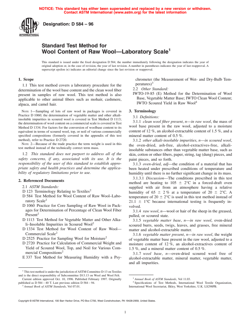 ASTM D584-96 - Standard Test Method for Wool Content of Raw Wool-Laboratory Scale