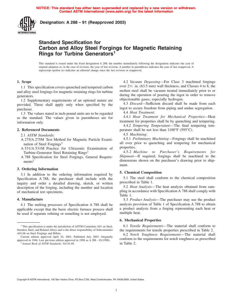 ASTM A288-91(2003) - Standard Specification for Carbon and Alloy Steel Forgings for Magnetic Retaining Rings for Turbine Generators