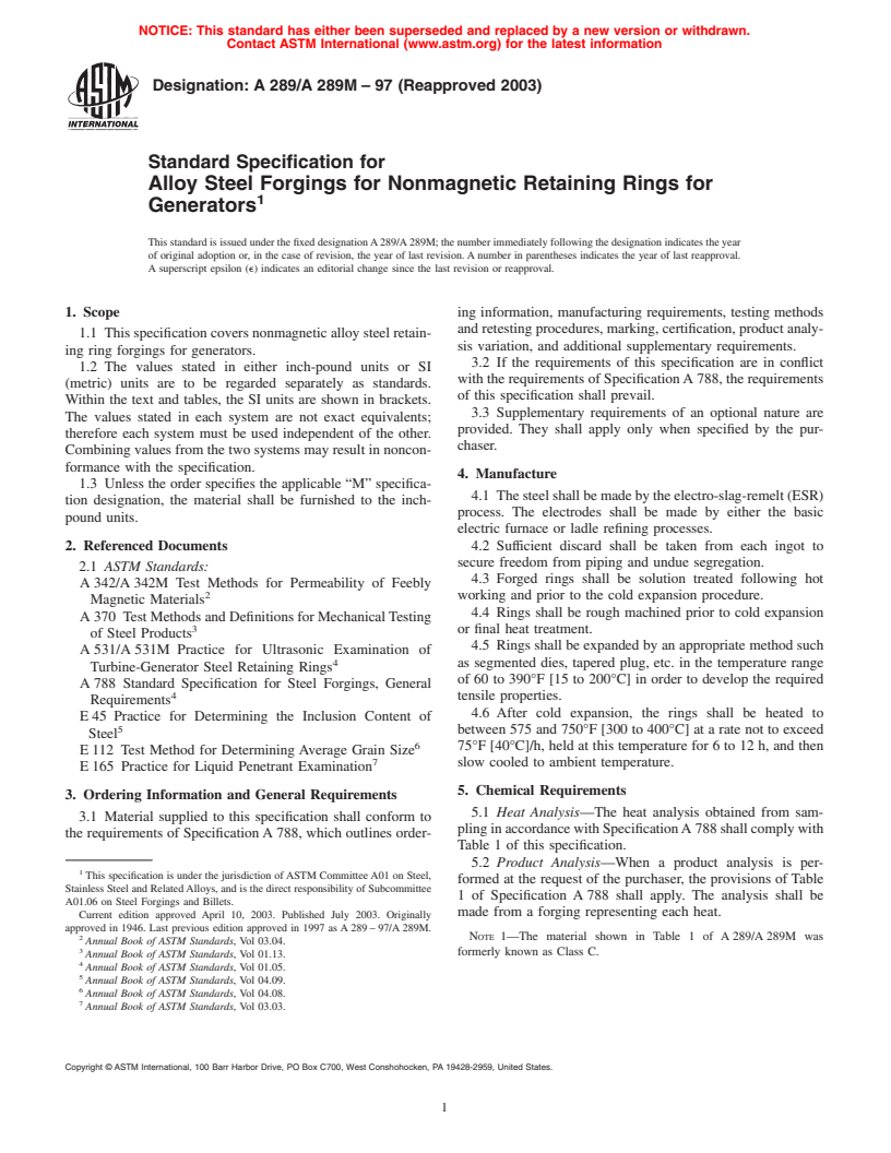 ASTM A289/A289M-97(2003) - Standard Specification for Alloy Steel Forgings for Nonmagnetic Retaining Rings for Generators