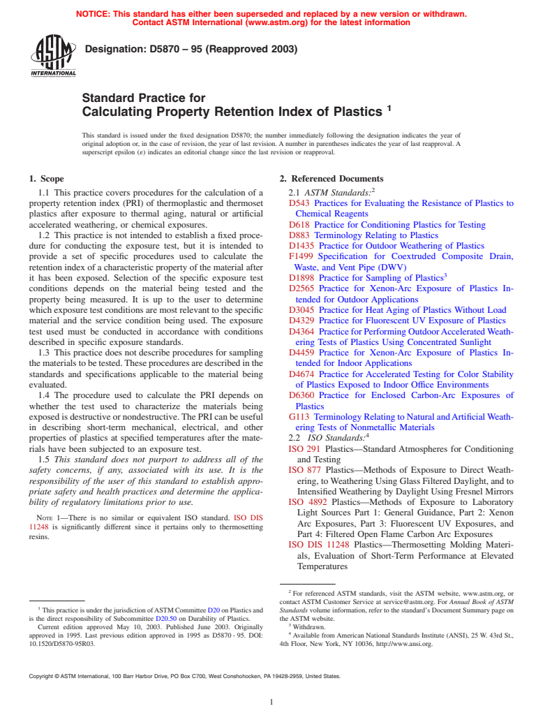 ASTM D5870-95(2003) - Standard Practice for Calculating Property Retention Index of Plastics