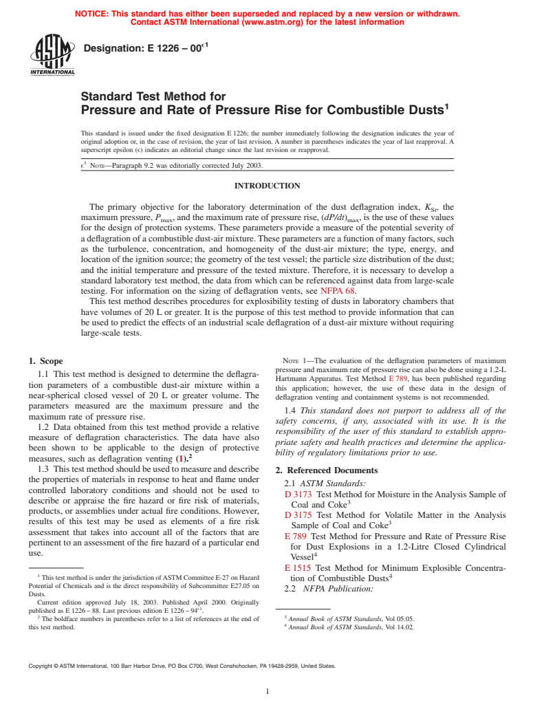 ASTM E1226-00e1 - Standard Test Method for Pressure and Rate of Pressure Rise for Combustible Dusts