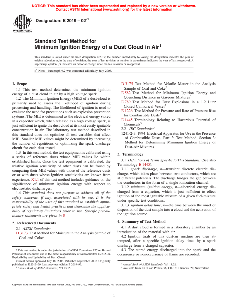 ASTM E2019-02e1 - Standard Test Method for Minimum Ignition Energy of a Dust Cloud in Air