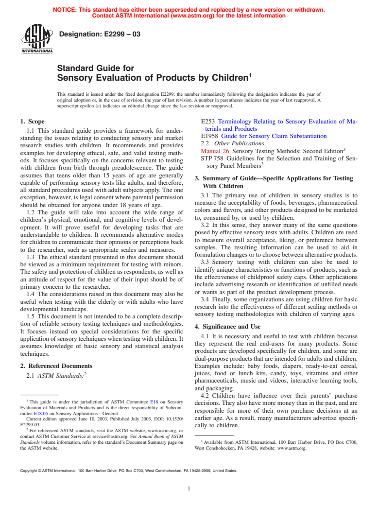 ASTM E2299-03 - Standard Guide for Sensory Evaluation of Products by Children
