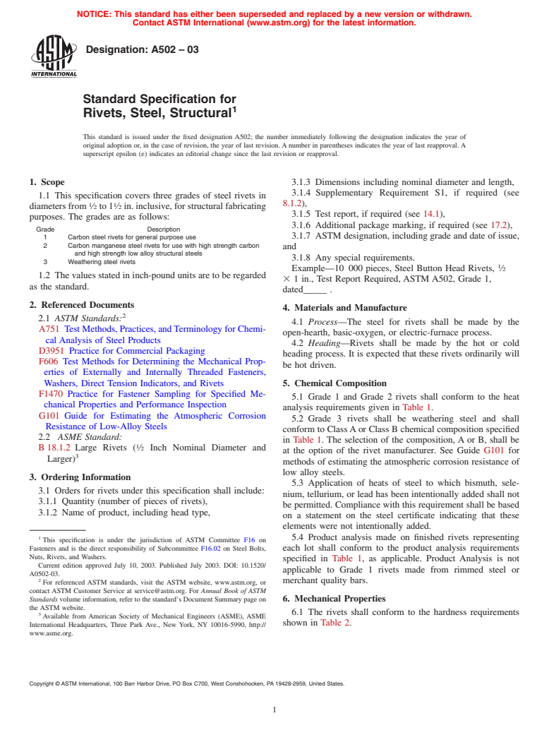 ASTM A502-03 - Standard Specification for Rivets, Steel, Structural