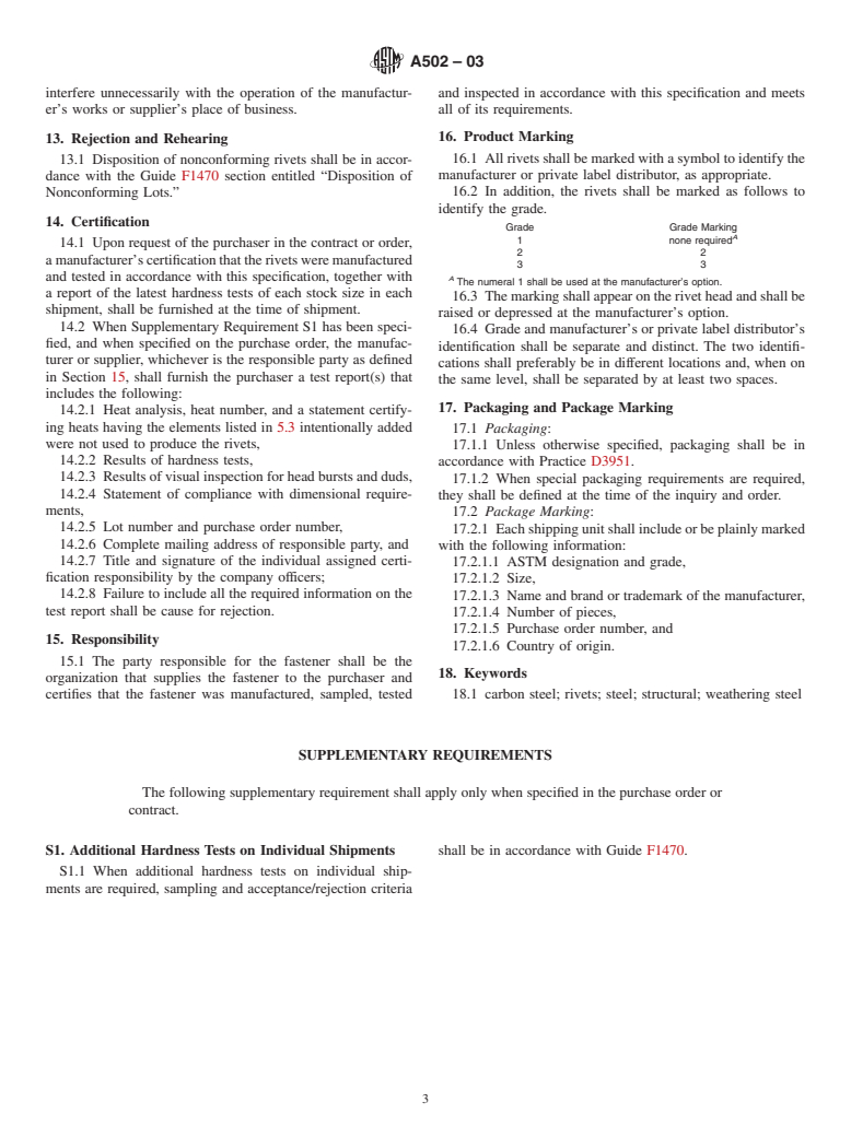 ASTM A502-03 - Standard Specification for Rivets, Steel, Structural