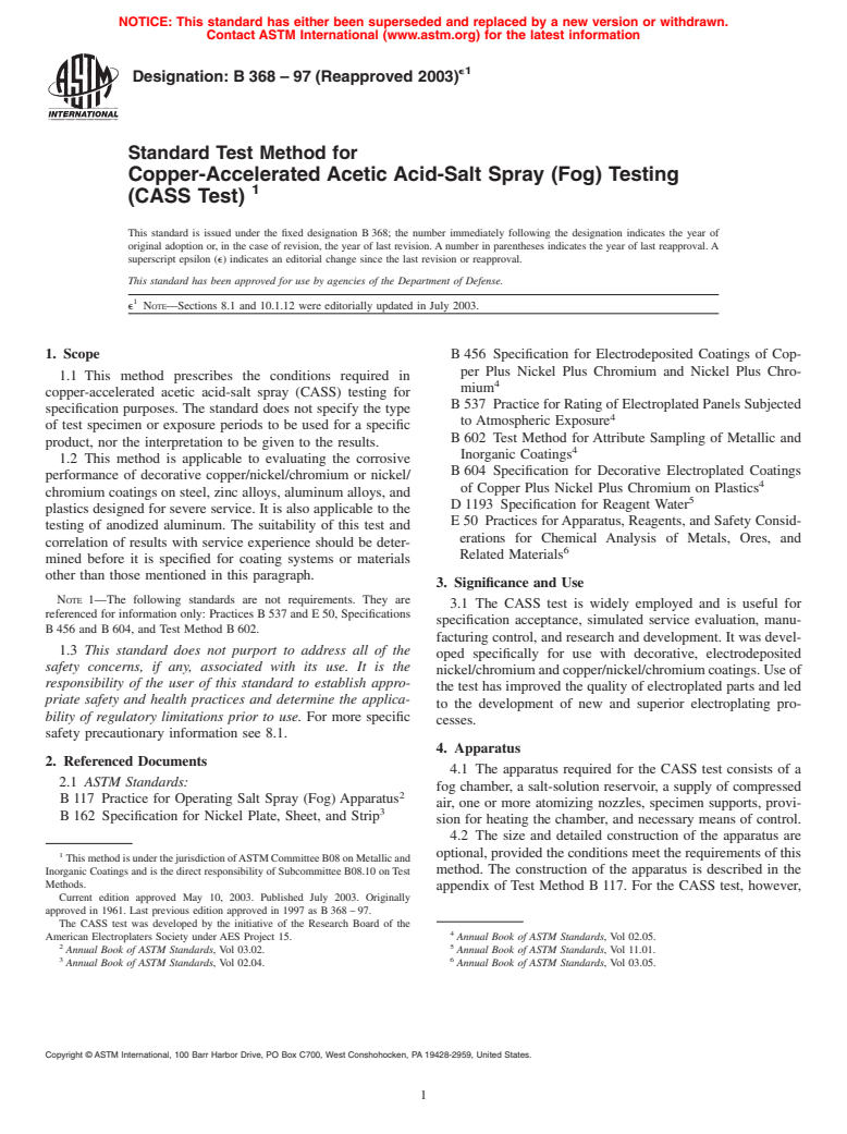 ASTM B368-97(2003)e1 - Standard Method for Copper-Accelerated Acetic Acid-Salt Spray (Fog) Testing (CASS Test)