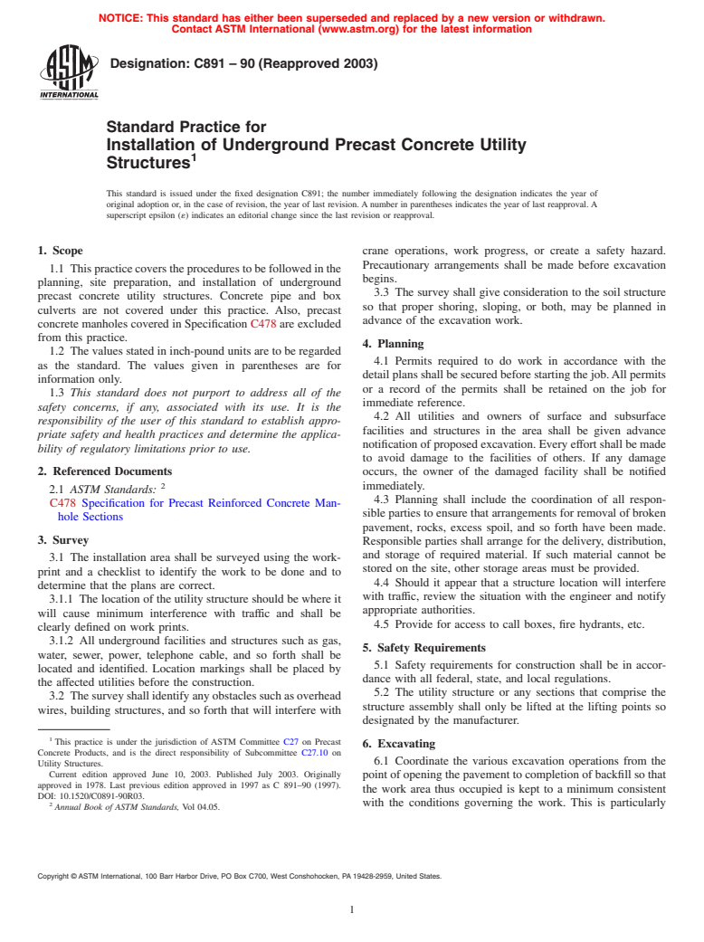 ASTM C891-90(2003) - Standard Practice for Installation of Underground Precast Concrete Utility Structures