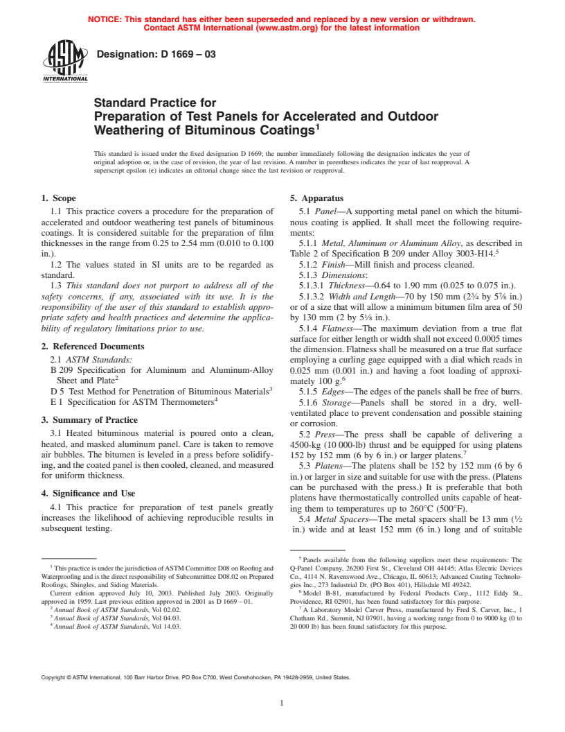 ASTM D1669-03 - Standard Practice for Preparation of Test Panels for Accelerated and Outdoor Weathering of Bituminous Coatings