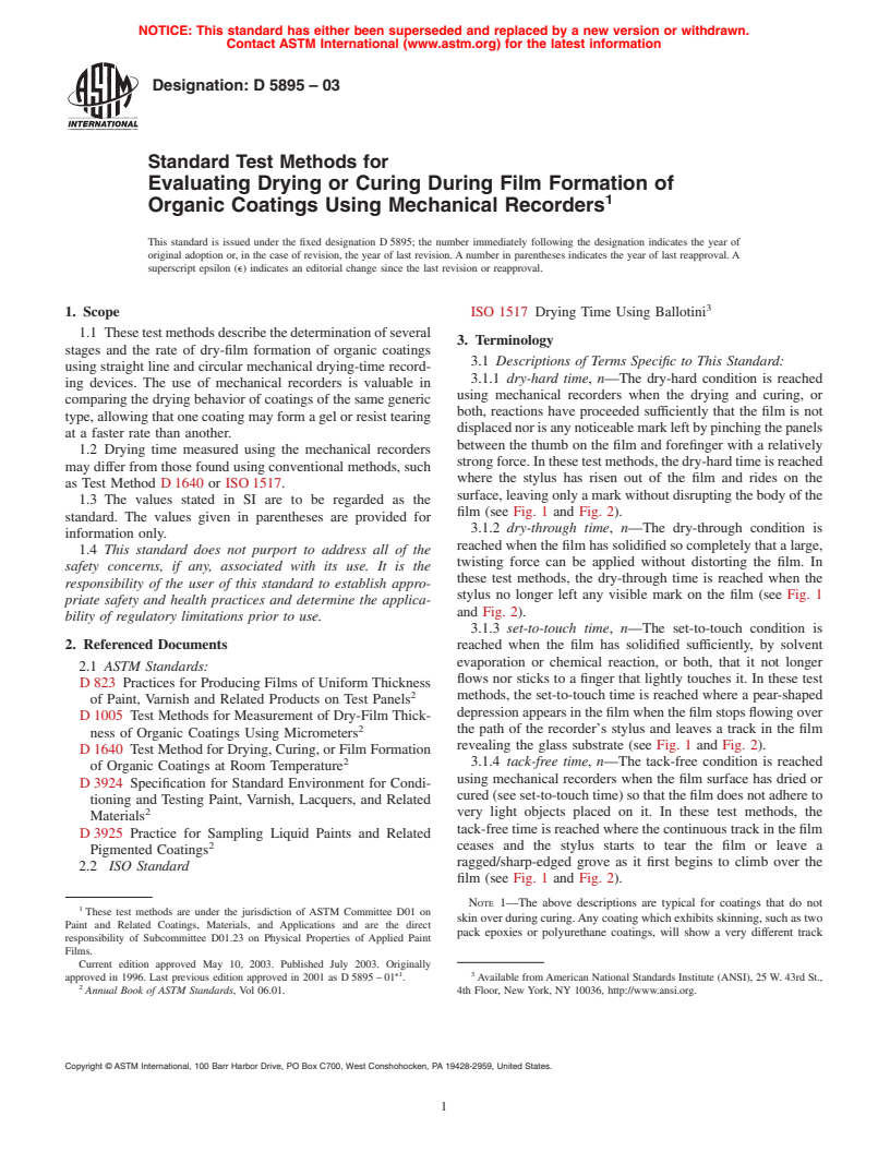 ASTM D5895-03 - Standard Test Methods for Evaluating Drying or Curing During Film Formation of Organic Coatings Using Mechanical Recorders