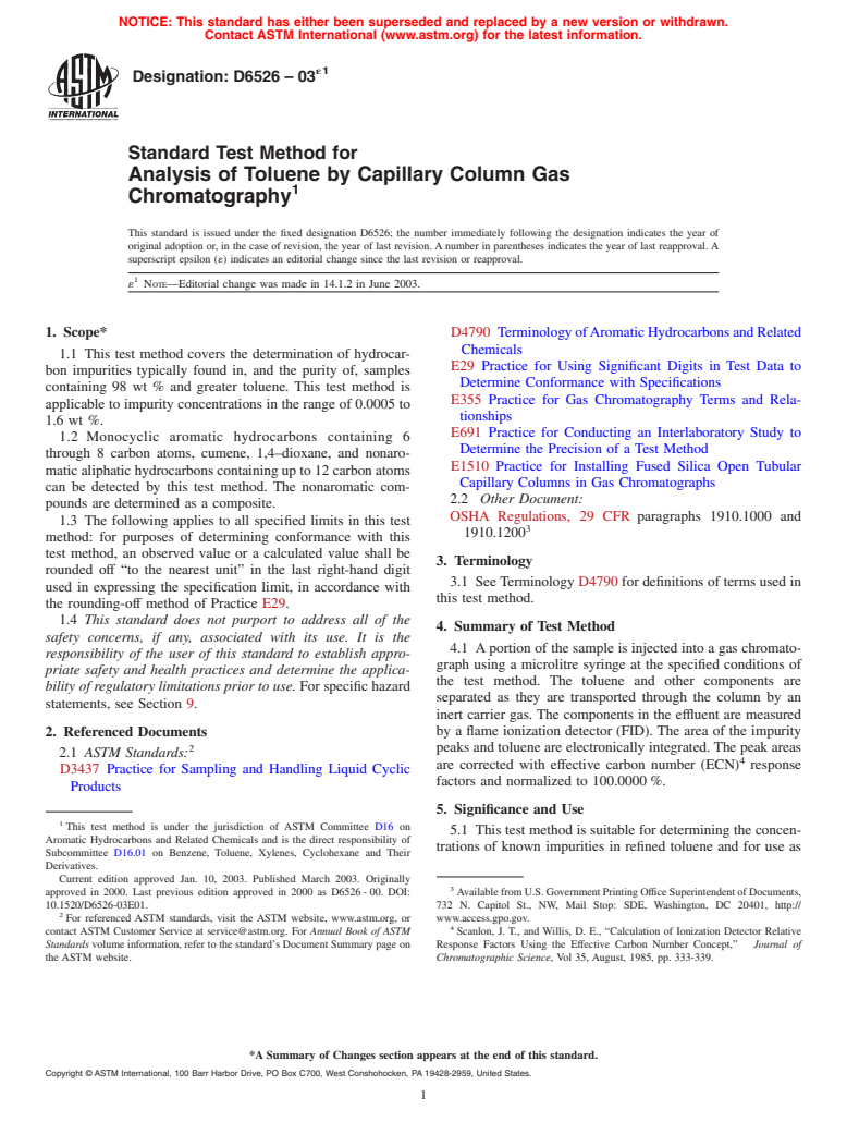 ASTM D6526-03e1 - Standard Test Method for Analysis of Toluene by Capillary Column Gas Chromatography