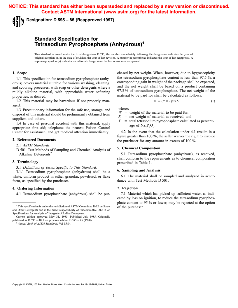 ASTM D595-85(1997) - Standard Specification for Tetrasodium Pyrophosphate (Anhydrous) (Withdrawn 2001)