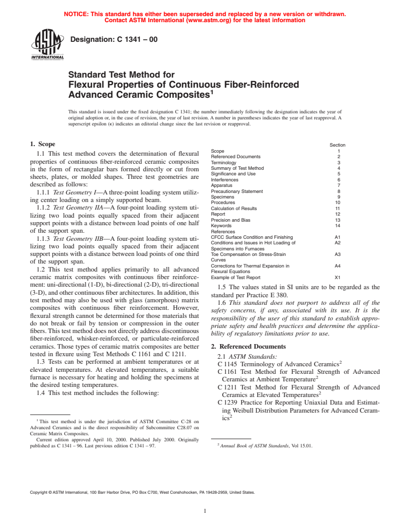 ASTM C1341-00 - Standard Test Method for Flexural Properties of Continuous Fiber-Reinforced Advanced Ceramic Composites