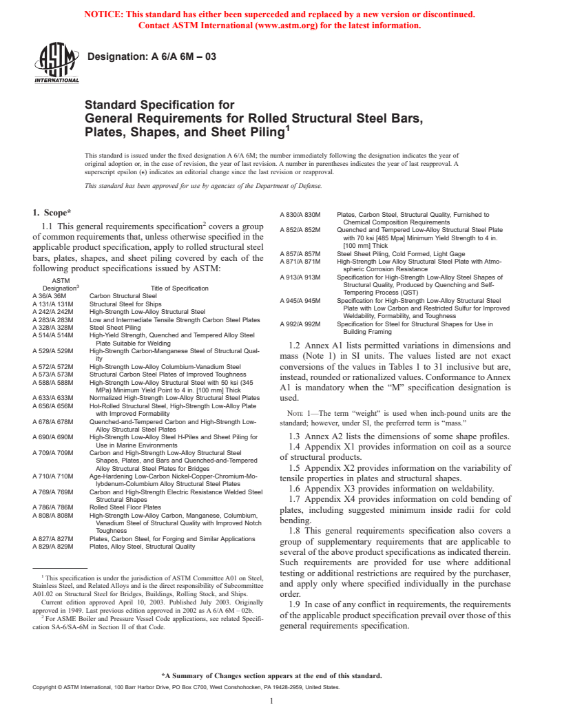 ASTM A6/A6M-03 - Standard Specification for General Requirements for Rolled Structural Steel Bars, Plates, Shapes, and Sheet Piling