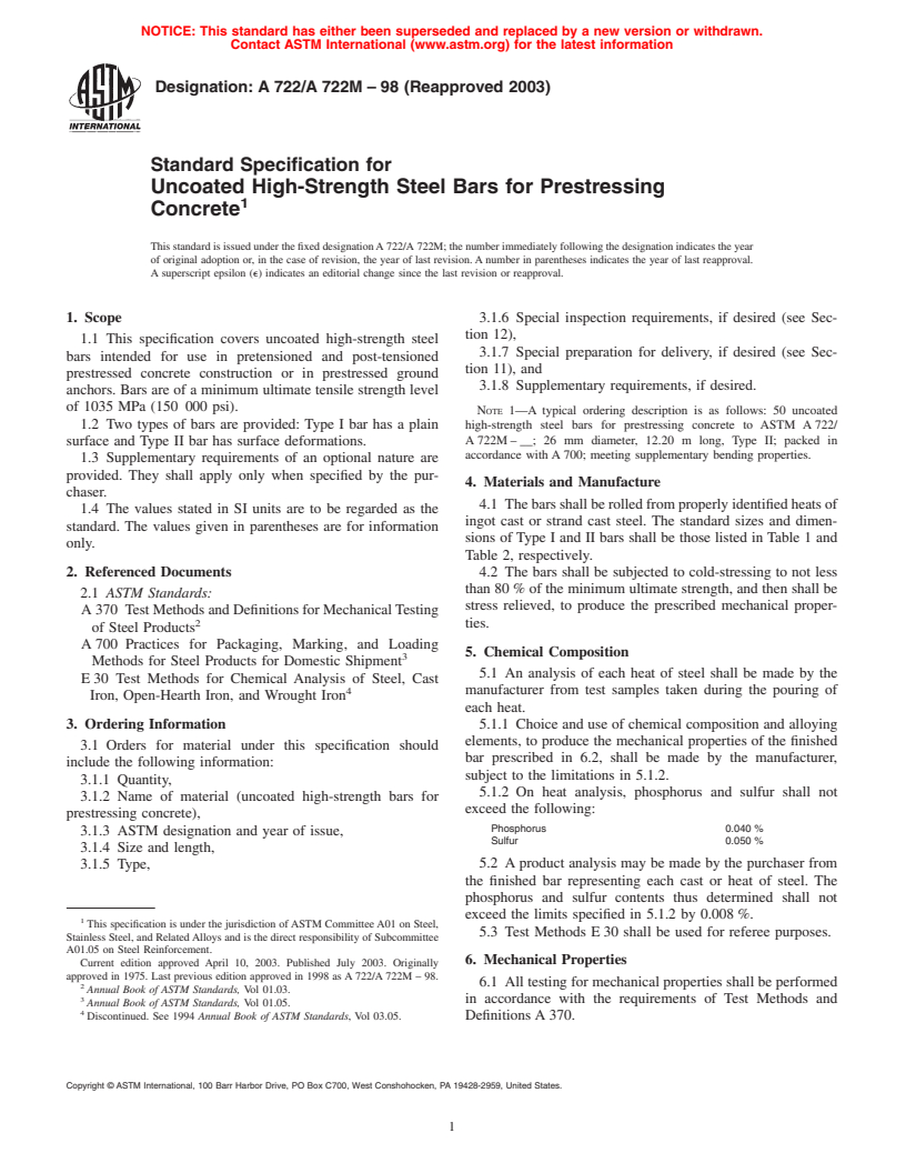 ASTM A722/A722M-98(2003) - Standard Specification for Uncoated High-Strength Steel Bar for Prestressing Concrete