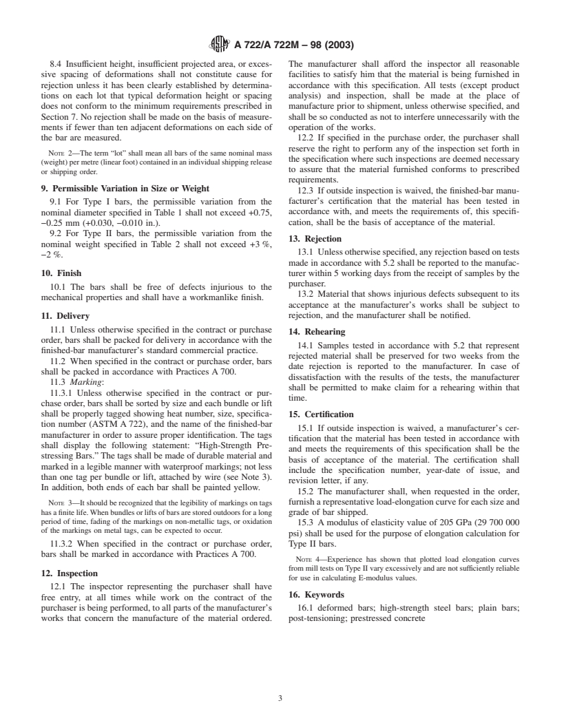 ASTM A722/A722M-98(2003) - Standard Specification for Uncoated High-Strength Steel Bar for Prestressing Concrete