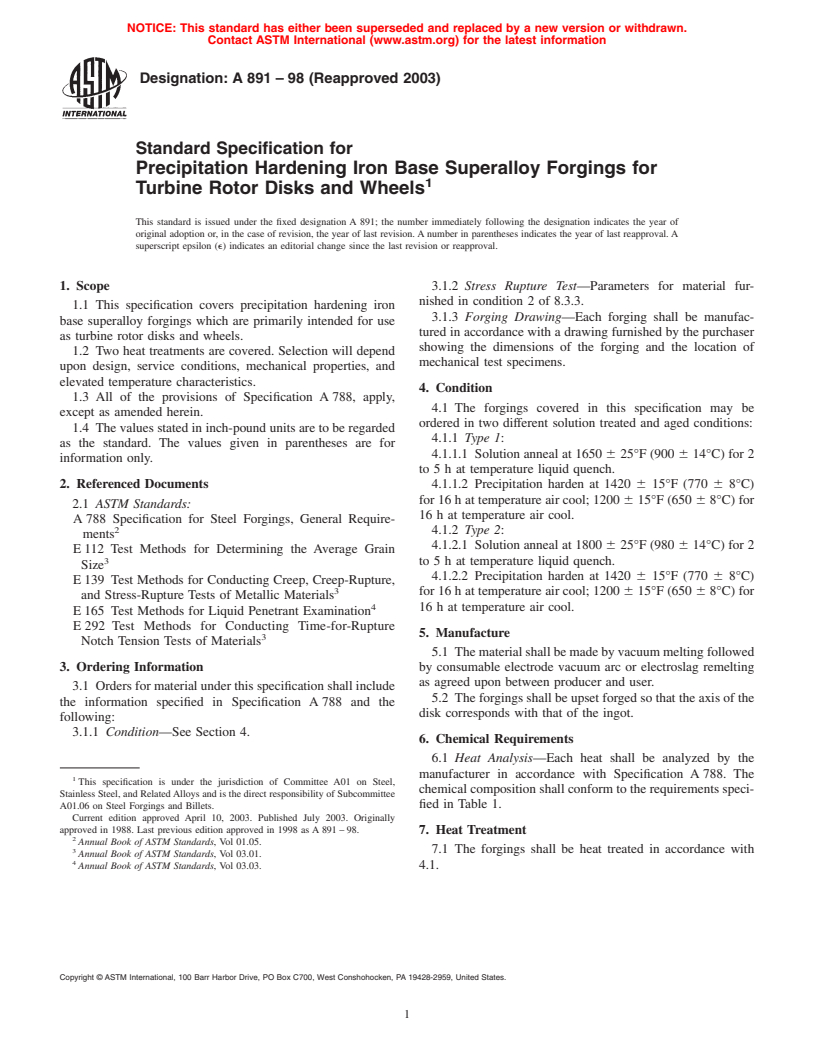 ASTM A891-98(2003) - Standard Specification for Precipitation Hardening Iron Base Superalloy Forgings for Turbine Rotor Disks and Wheels