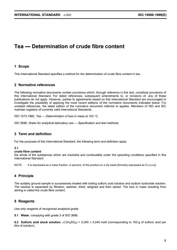 ISO 15598:1999 - Tea -- Determination of crude fibre content