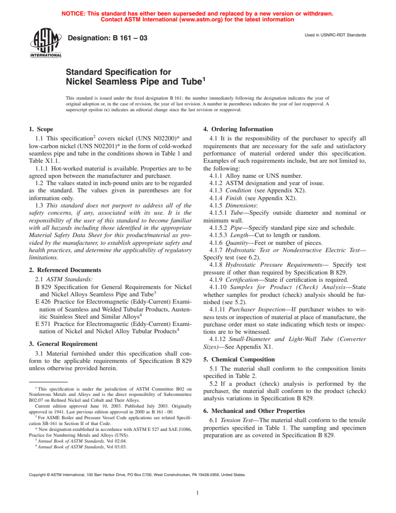 ASTM B161-03 - Standard Specification for Nickel Seamless Pipe and Tube