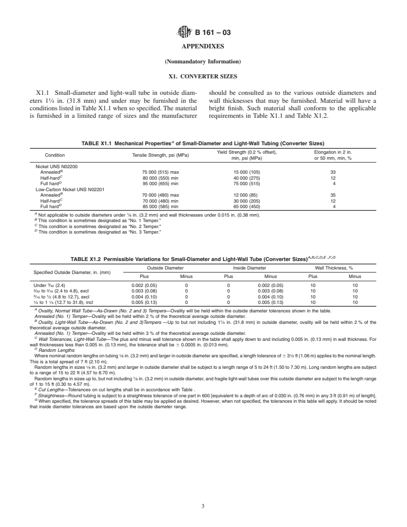 ASTM B161-03 - Standard Specification for Nickel Seamless Pipe and Tube