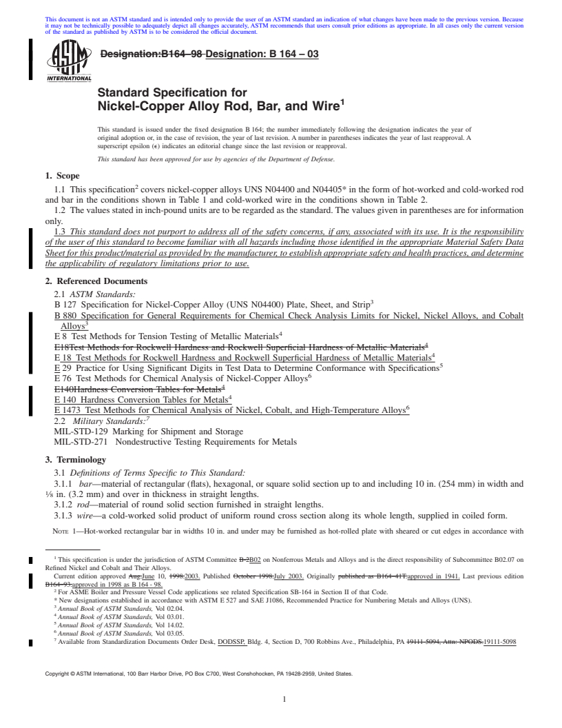 REDLINE ASTM B164-03 - Standard Specification for Nickel-Copper Alloy Rod, Bar, and Wire