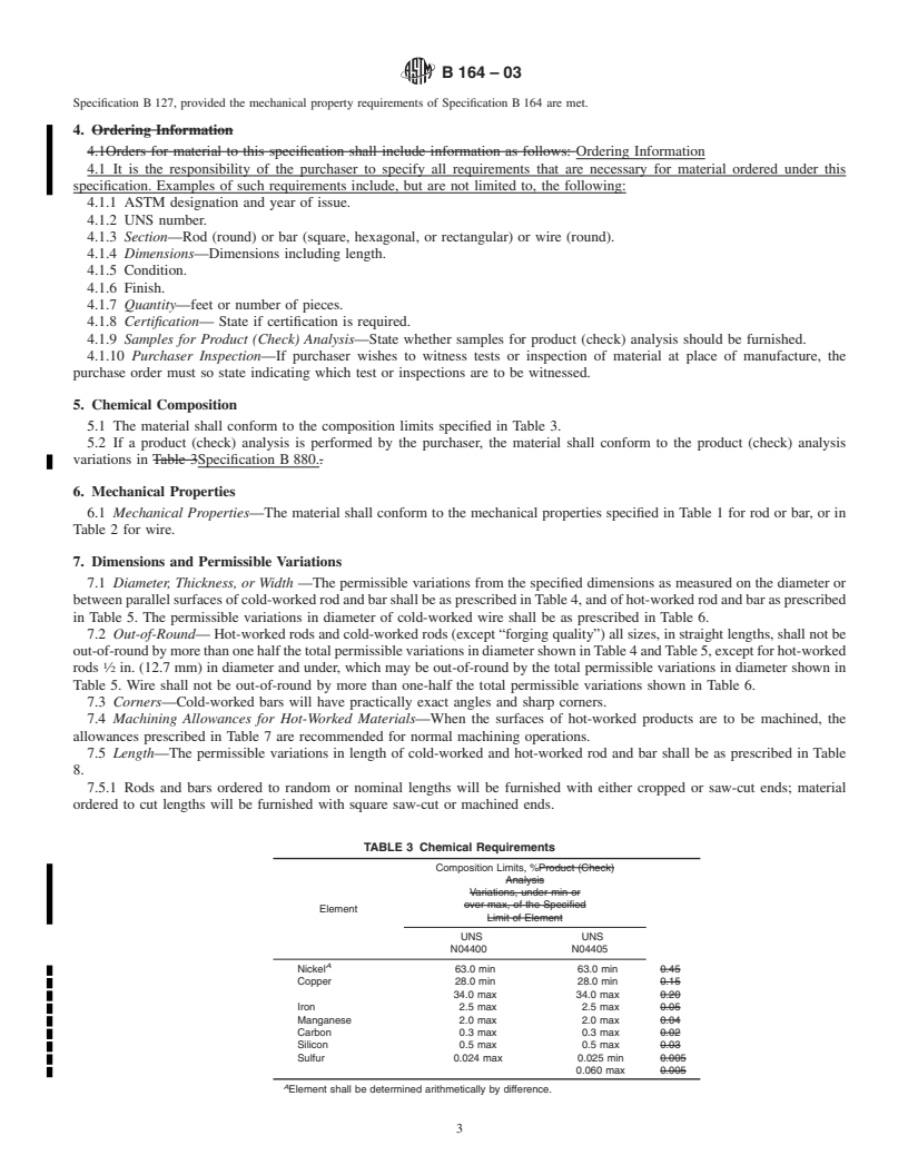 REDLINE ASTM B164-03 - Standard Specification for Nickel-Copper Alloy Rod, Bar, and Wire