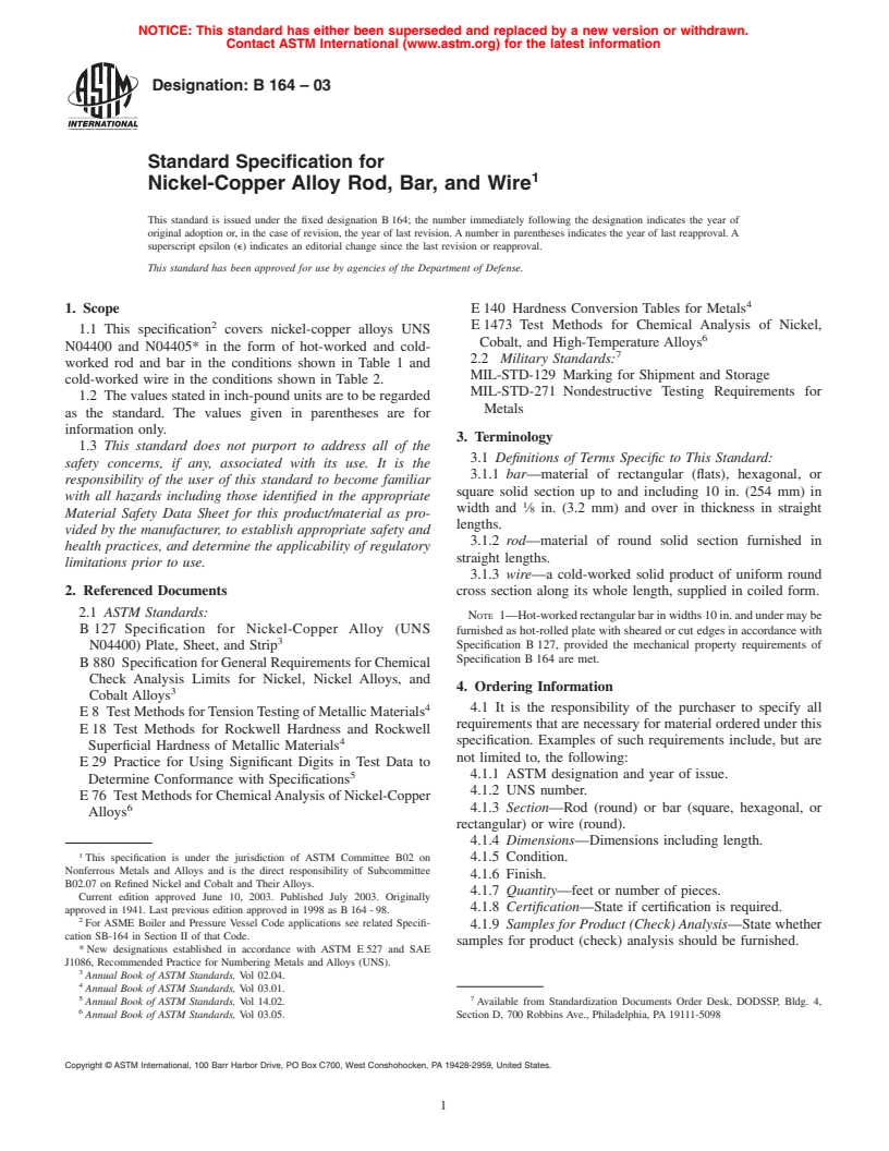 ASTM B164-03 - Standard Specification for Nickel-Copper Alloy Rod, Bar, and Wire