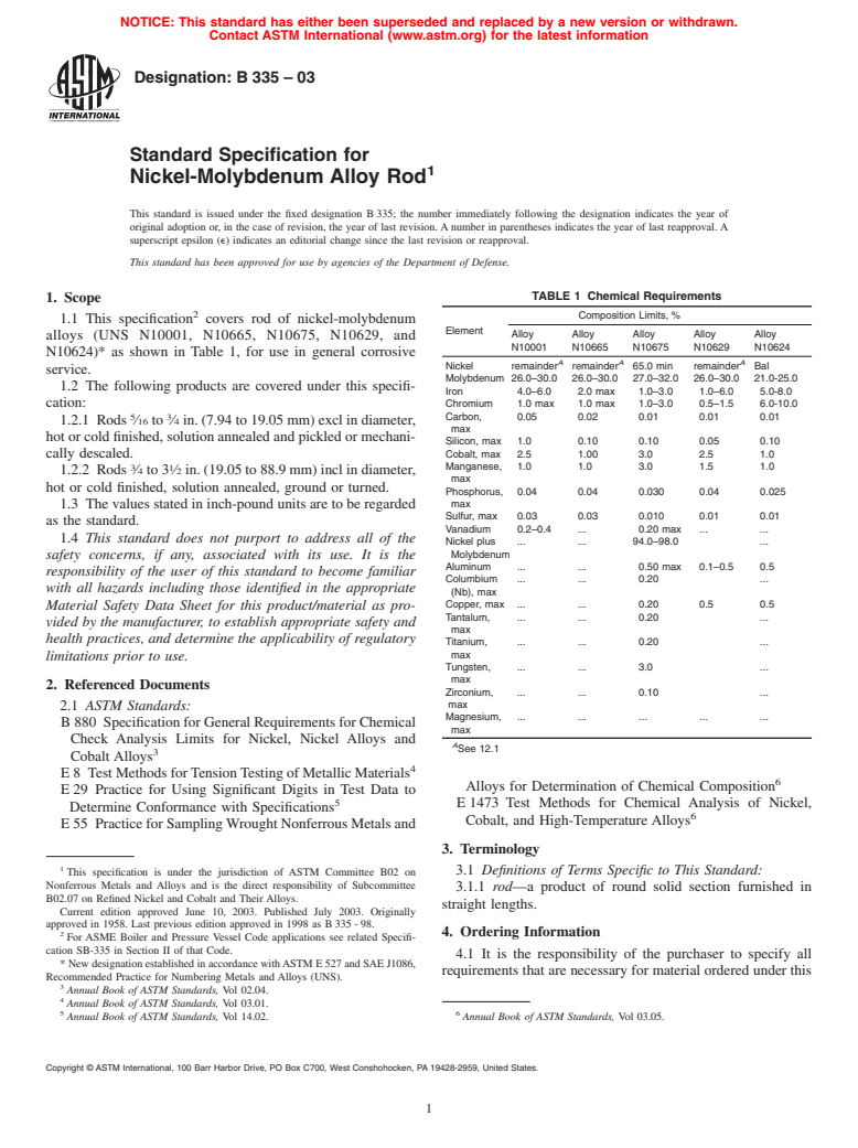 ASTM B335-03 - Standard Specification for Nickel-Molybdenum Alloy Rod