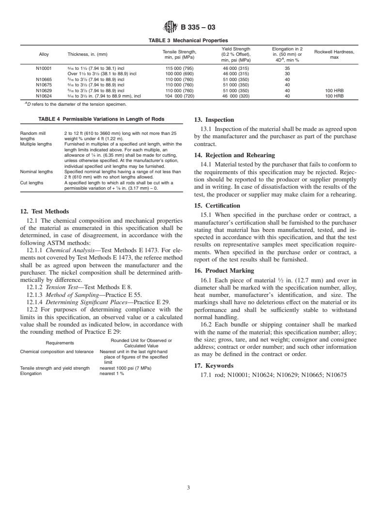 ASTM B335-03 - Standard Specification for Nickel-Molybdenum Alloy Rod