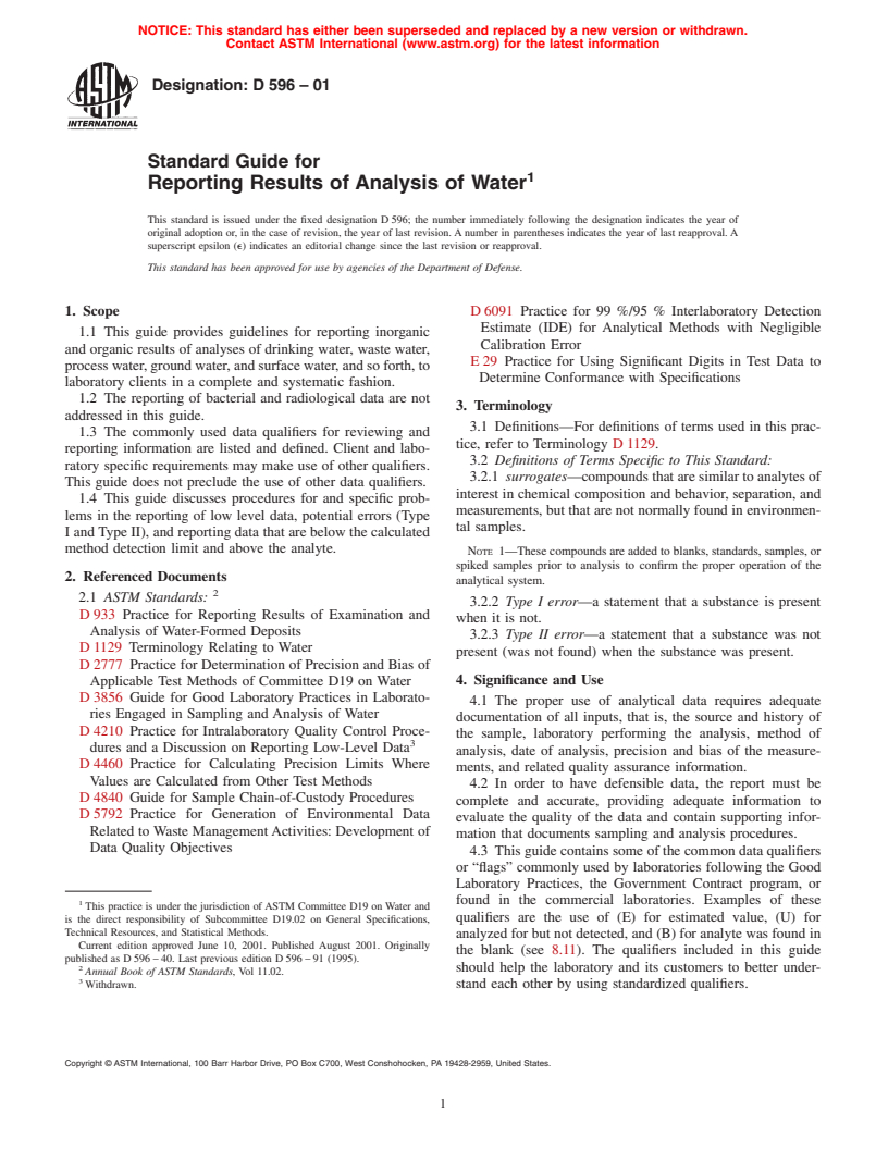 ASTM D596-01 - Standard Guide for Reporting Results of Analysis of Water