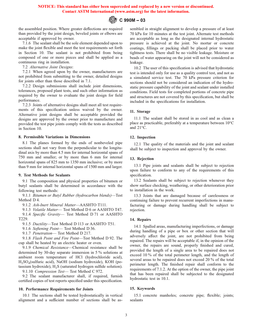 ASTM C990M-03 - Standard Specification for Joints for Concrete Pipe, Manholes, and Precast Box Sections Using Preformed Flexible Joint Sealants (Metric)